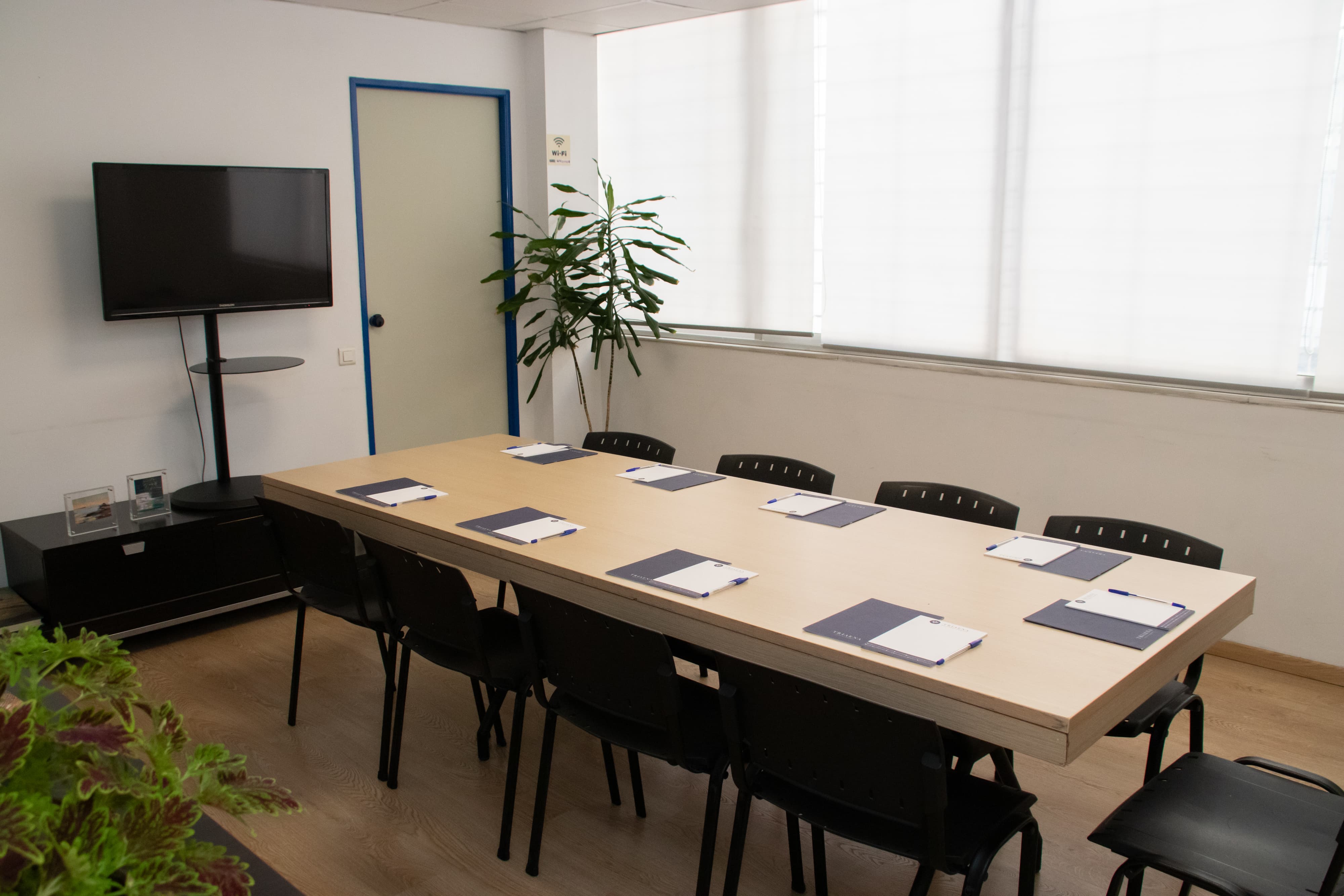 Bright meeting room with rectangular table, chairs, TV screen, potted plant, and large window with blinds.